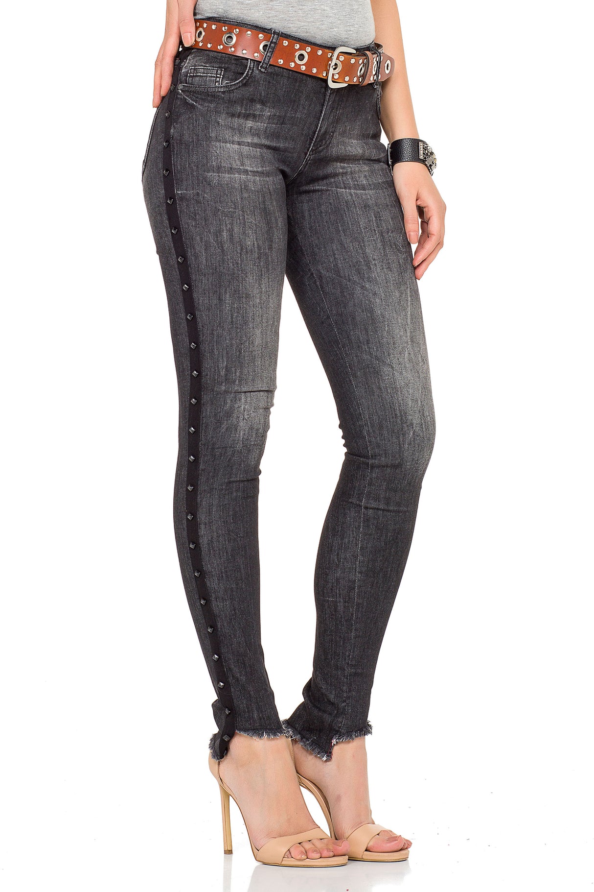 WD341 jeansy damskie o kroju skinny z nitami