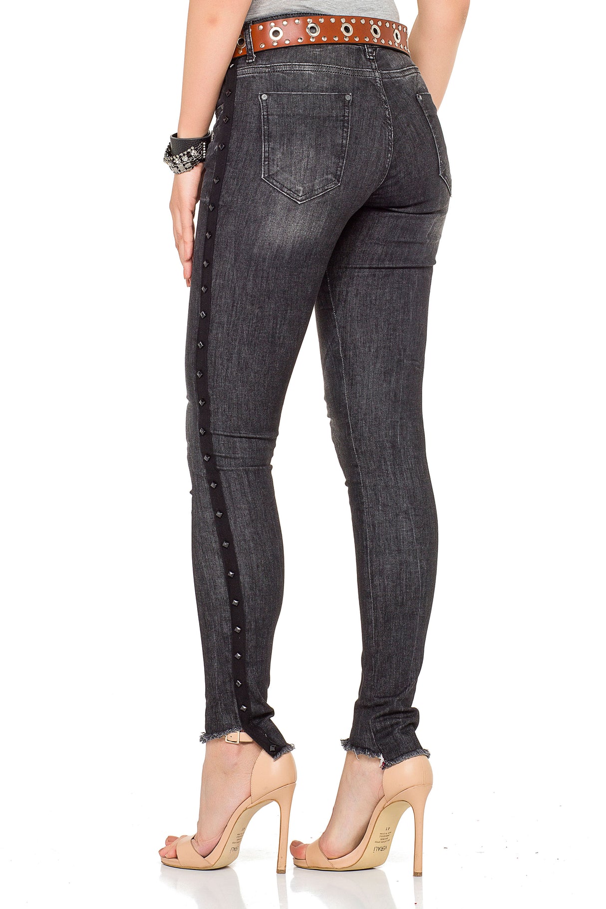 WD341 jeansy damskie o kroju skinny z nitami