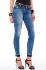 WD310 Jeans de tubo para mujeres con remaches rotativos en ajuste delgado