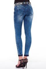 WD310 Jeans de tubo para mujeres con remaches rotativos en ajuste delgado