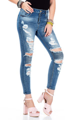 WD331 Women's Tube Jeans con descarados puntos de abrasión y recortes en ajuste delgado