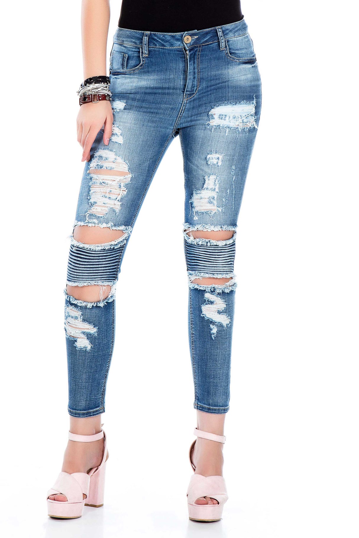 WD331 Women's Tube Jeans con descarados puntos de abrasión y recortes en ajuste delgado