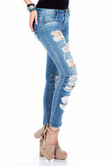 WD327 Femmes Slim-Fit Jeans dans un look détruit à la mode