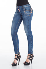 WD311 Jeans de tube féminin avec une plaquet de bouton extravagant dans le slim-ats