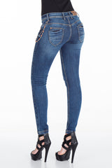 WD311 Jeans de tube féminin avec une plaquet de bouton extravagant dans le slim-ats