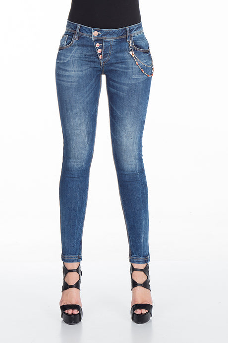 WD311 jeans da tubo da donna con una piattaforma di bottone stravagante nel fit slim