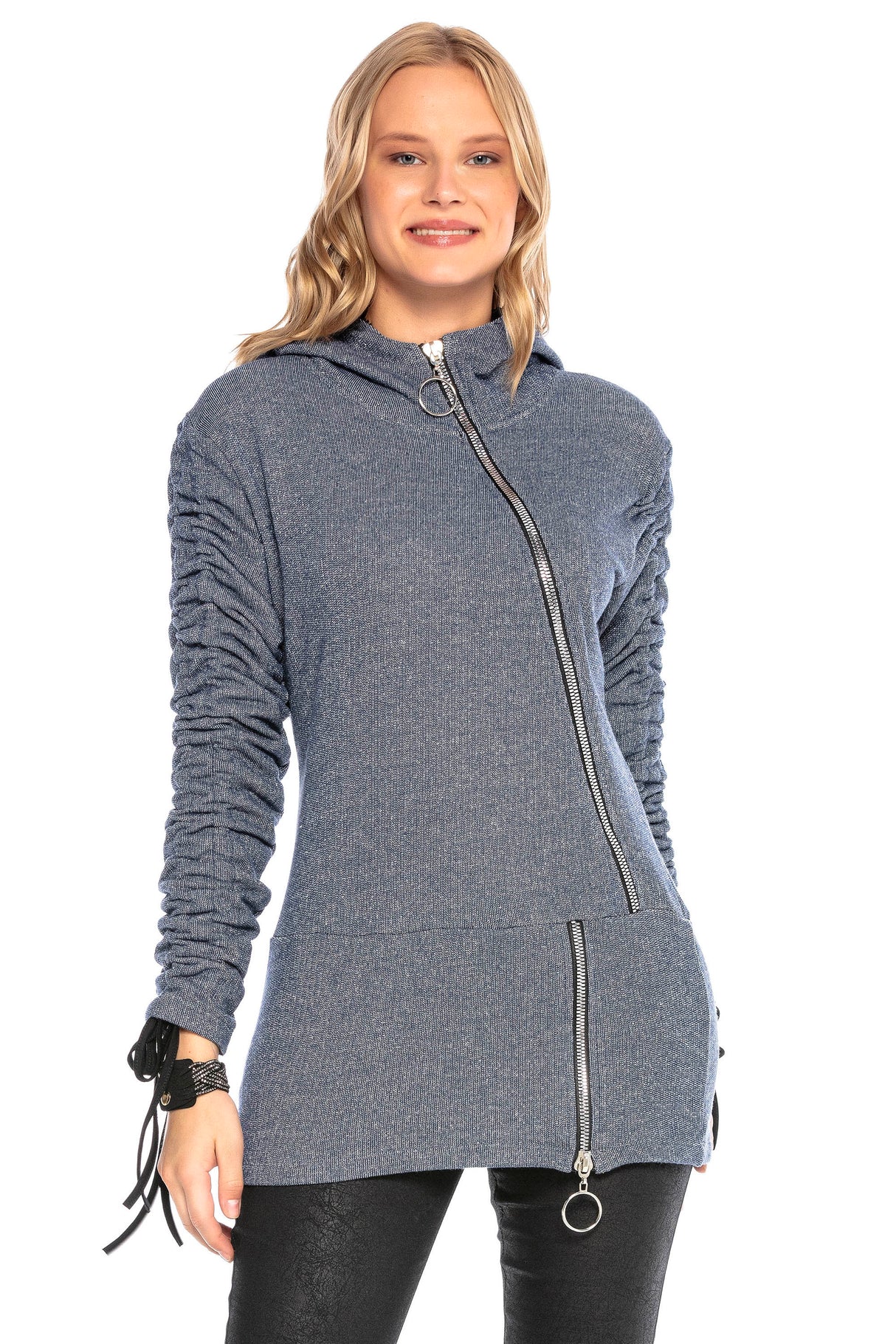 WL239 vrouwen sweatshirt met capuchon met asymmetrische ritssluiting