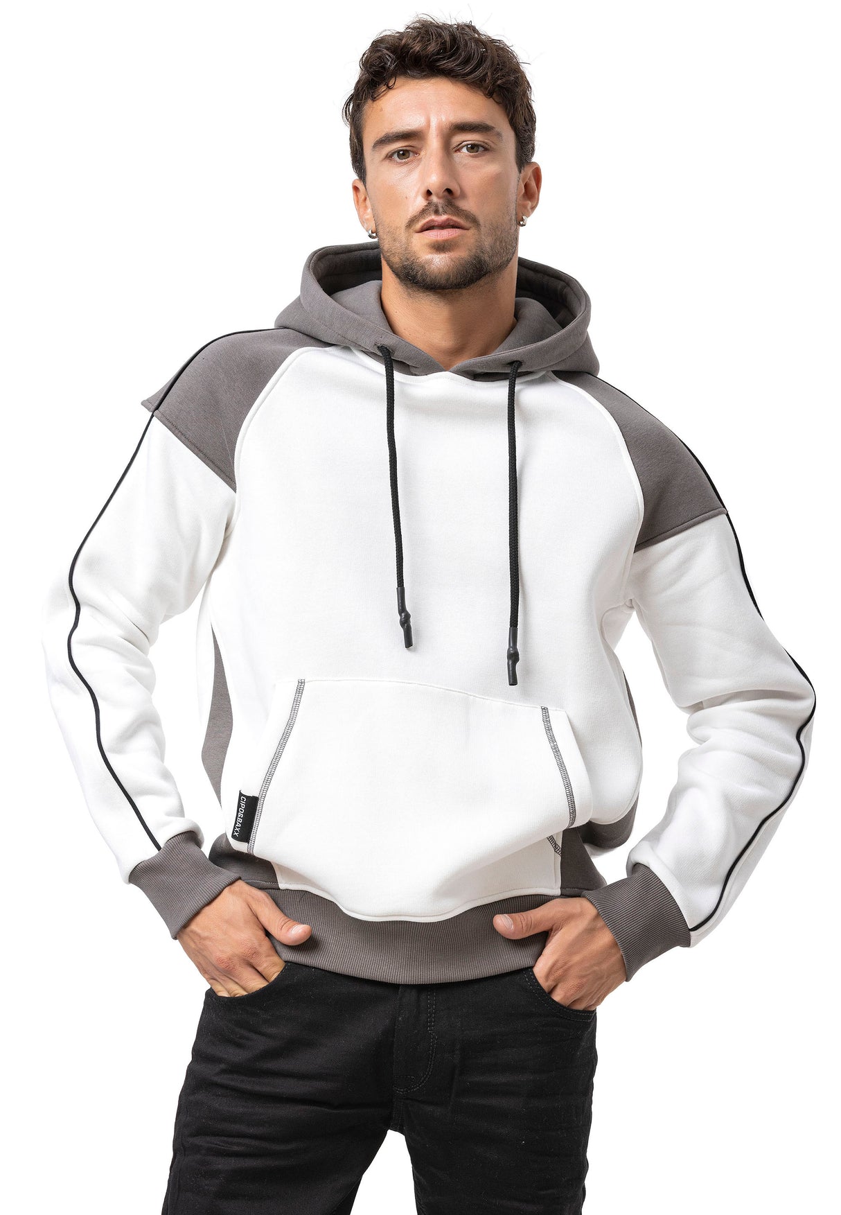 CL591 Herren Hoodie Sweatshirt – Zweifarbiger Kapuzenpullover in Ecru & Dunkelgrau mit Kontrastdetails | Stylischer Alltagslook mit Fronttasche