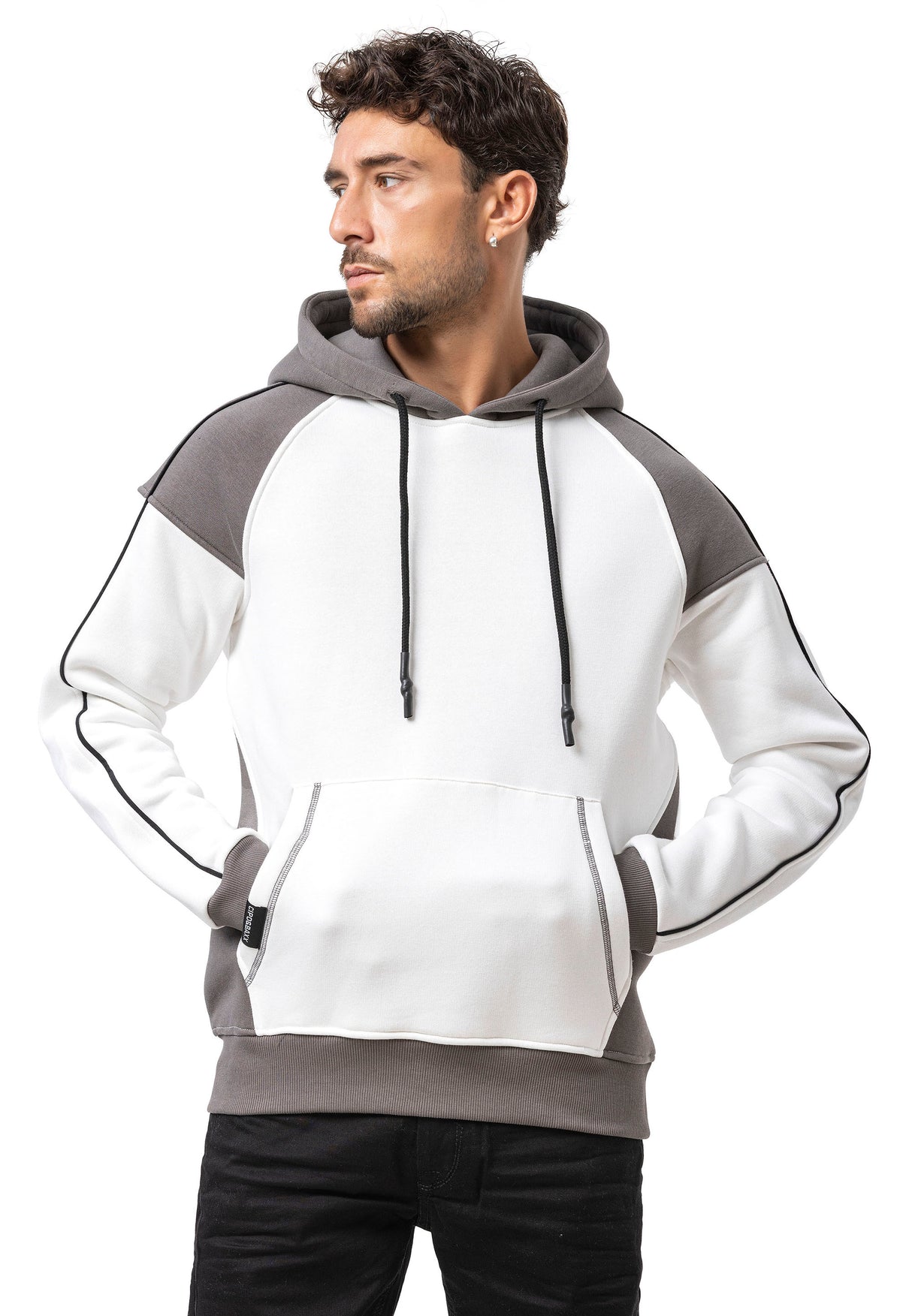 CL591 Herren Hoodie Sweatshirt – Zweifarbiger Kapuzenpullover in Ecru & Dunkelgrau mit Kontrastdetails | Stylischer Alltagslook mit Fronttasche