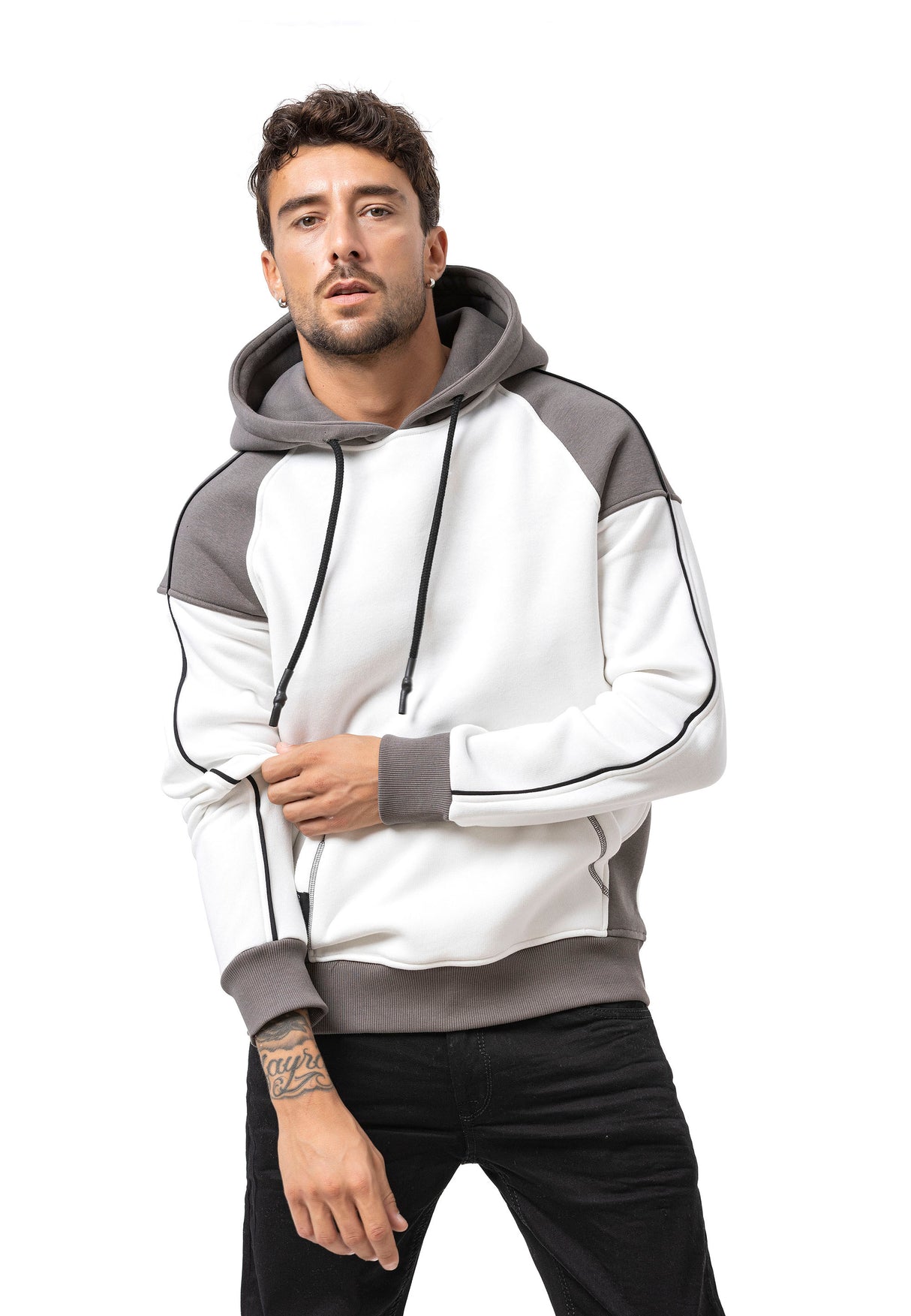 CL591 Herren Hoodie Sweatshirt – Zweifarbiger Kapuzenpullover in Ecru & Dunkelgrau mit Kontrastdetails | Stylischer Alltagslook mit Fronttasche