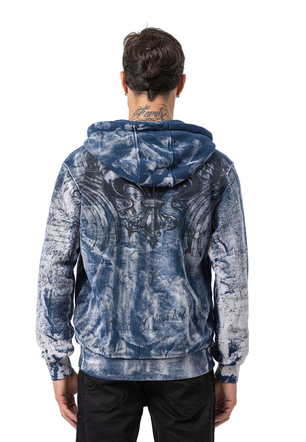CL594 Homme Hoodie Sweat-shirt – Sweat à capuche noir-bleu avec tie-dye & imprimé « 96 » | Streetwear avec flair rétro & déclaration de marque