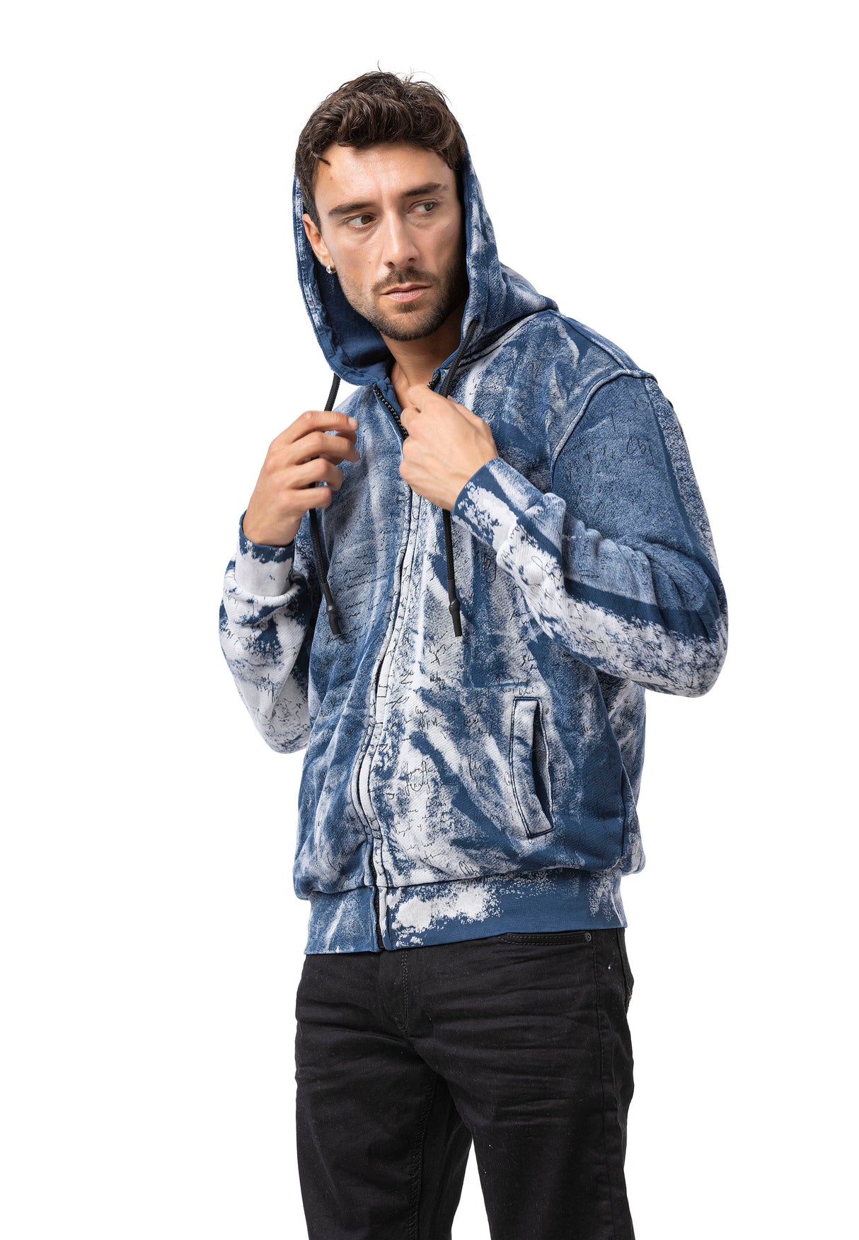 CL594 Homme Hoodie Sweat-shirt – Sweat à capuche noir-bleu avec tie-dye & imprimé « 96 » | Streetwear avec flair rétro & déclaration de marque