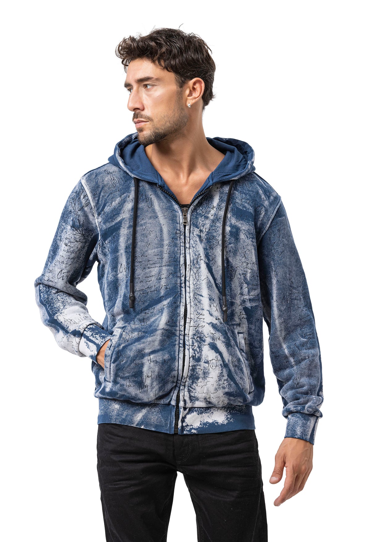 CL594 Homme Hoodie Sweat-shirt – Sweat à capuche noir-bleu avec tie-dye & imprimé « 96 » | Streetwear avec flair rétro & déclaration de marque