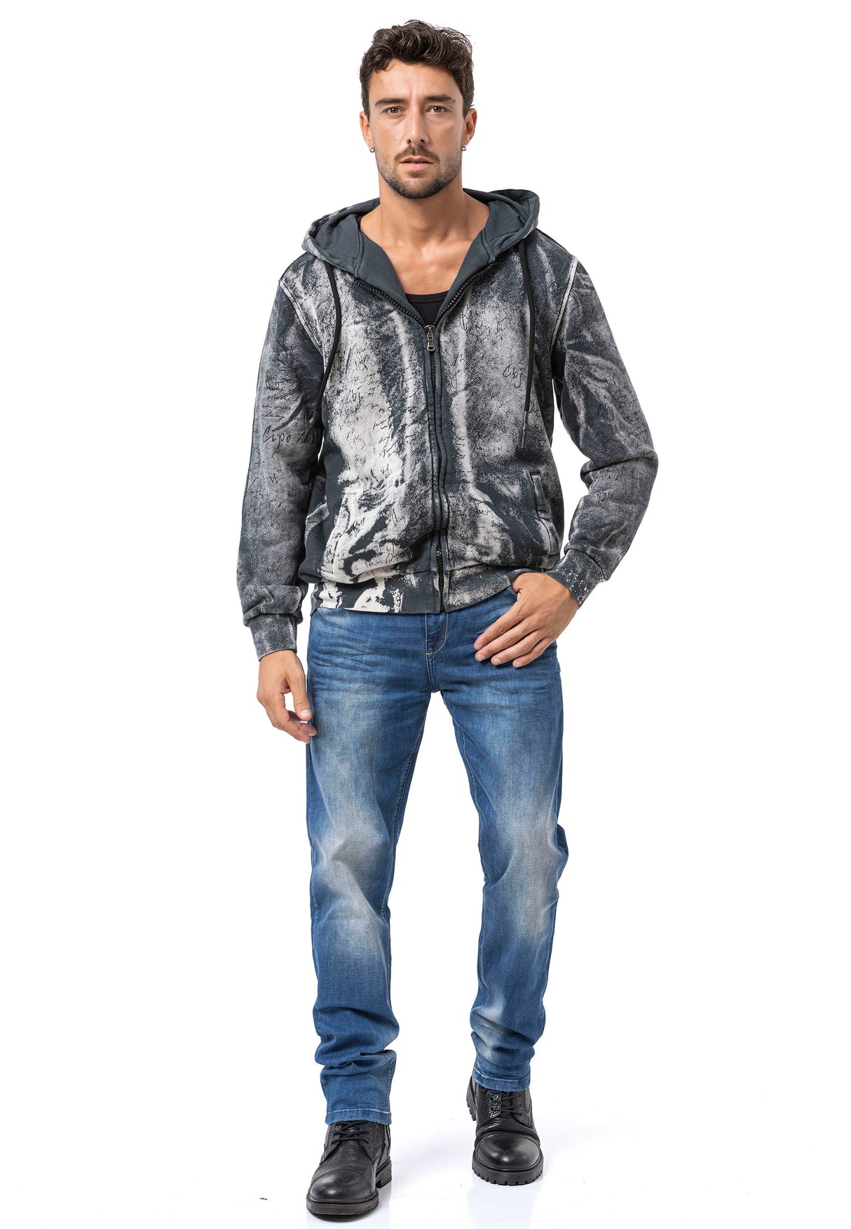 CL594 Homme Hoodie Sweat-shirt – Sweat à capuche noir-bleu avec tie-dye & imprimé « 96 » | Streetwear avec flair rétro & déclaration de marque