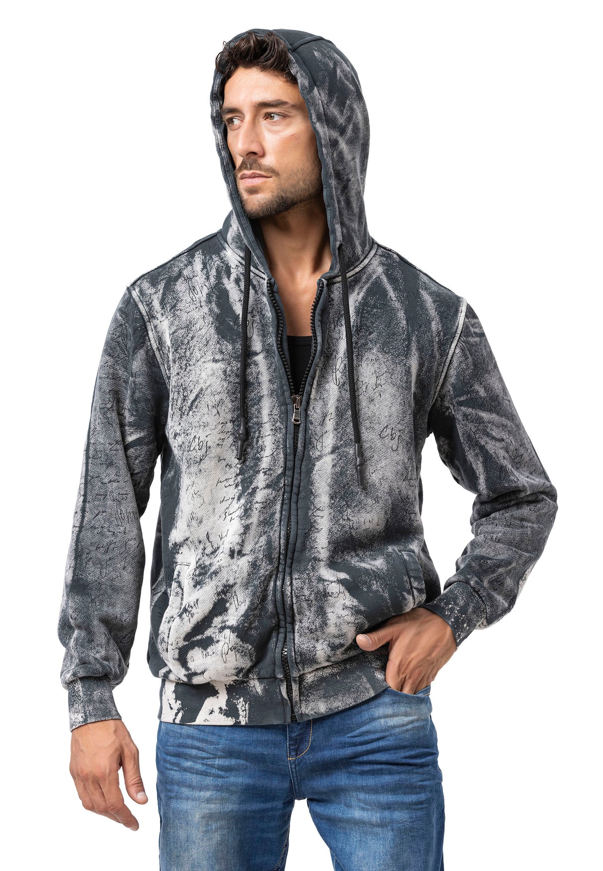 CL594 Homme Hoodie Sweat-shirt – Sweat à capuche noir-bleu avec tie-dye & imprimé « 96 » | Streetwear avec flair rétro & déclaration de marque