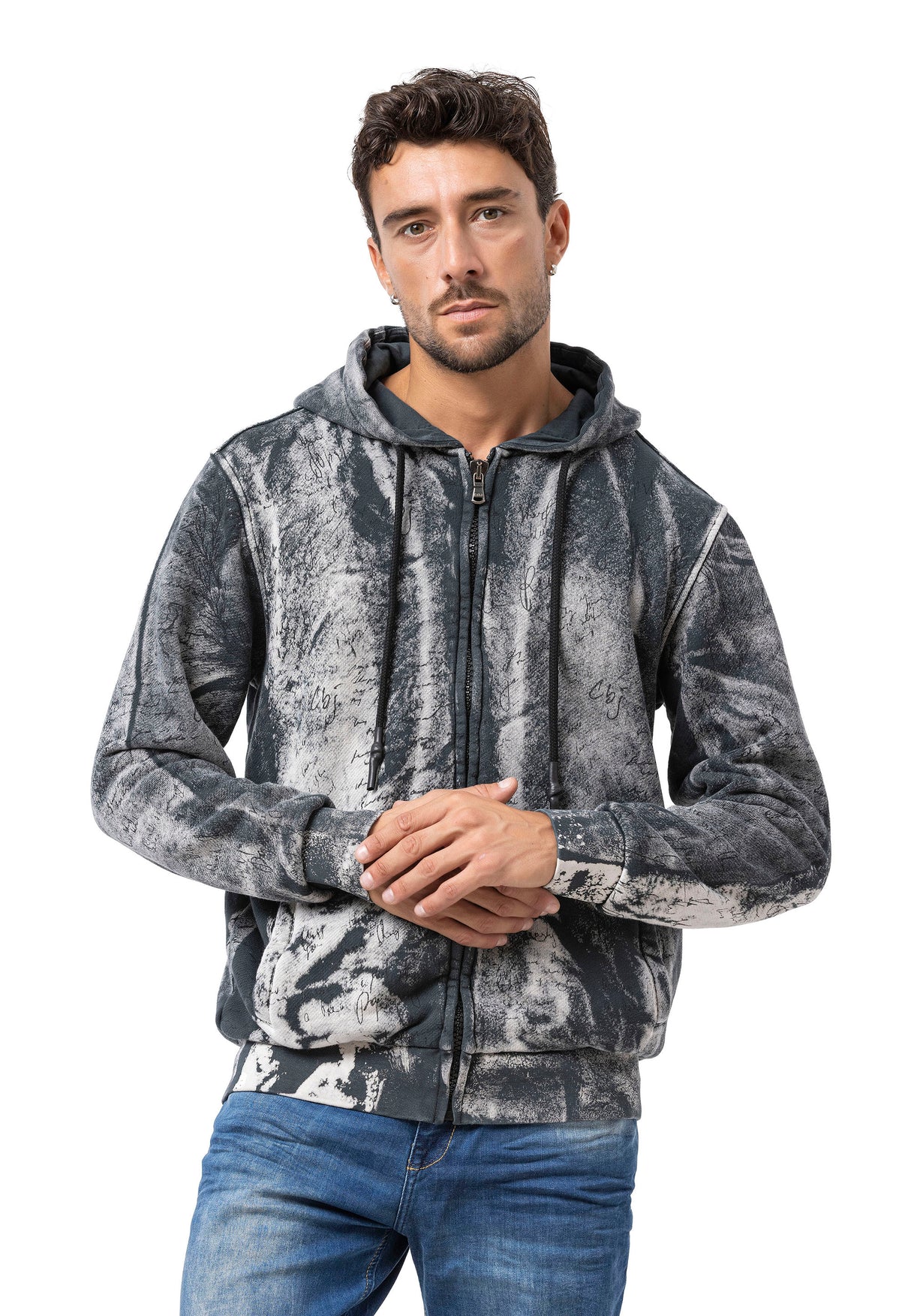 CL594 Homme Hoodie Sweat-shirt – Sweat à capuche noir-bleu avec tie-dye & imprimé « 96 » | Streetwear avec flair rétro & déclaration de marque