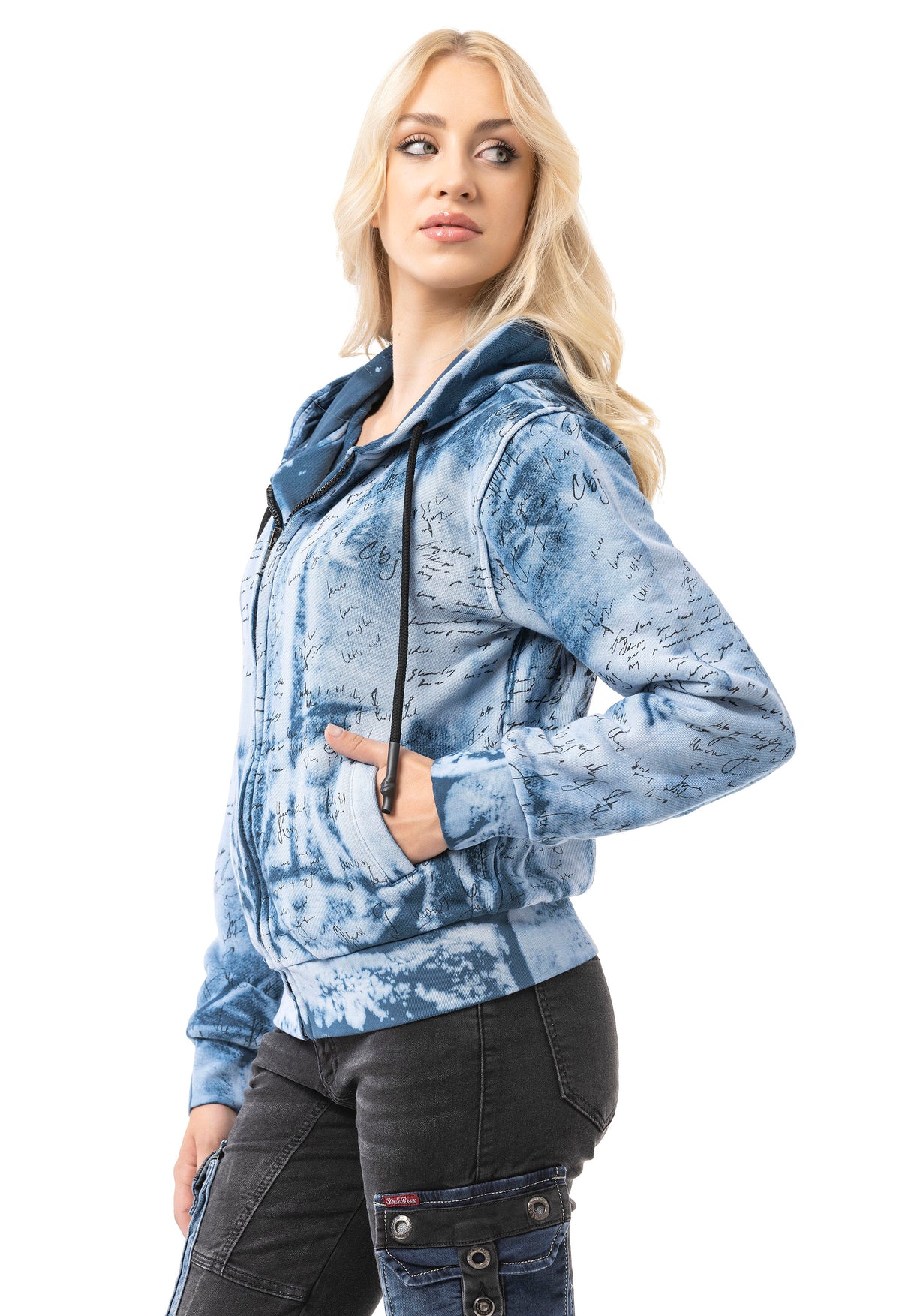 WL379 Sweat à capuche Femme – Zip-Hoodie avec motif tie-dye et impression dos | Streetwear oversize avec poches et cordon de serrage