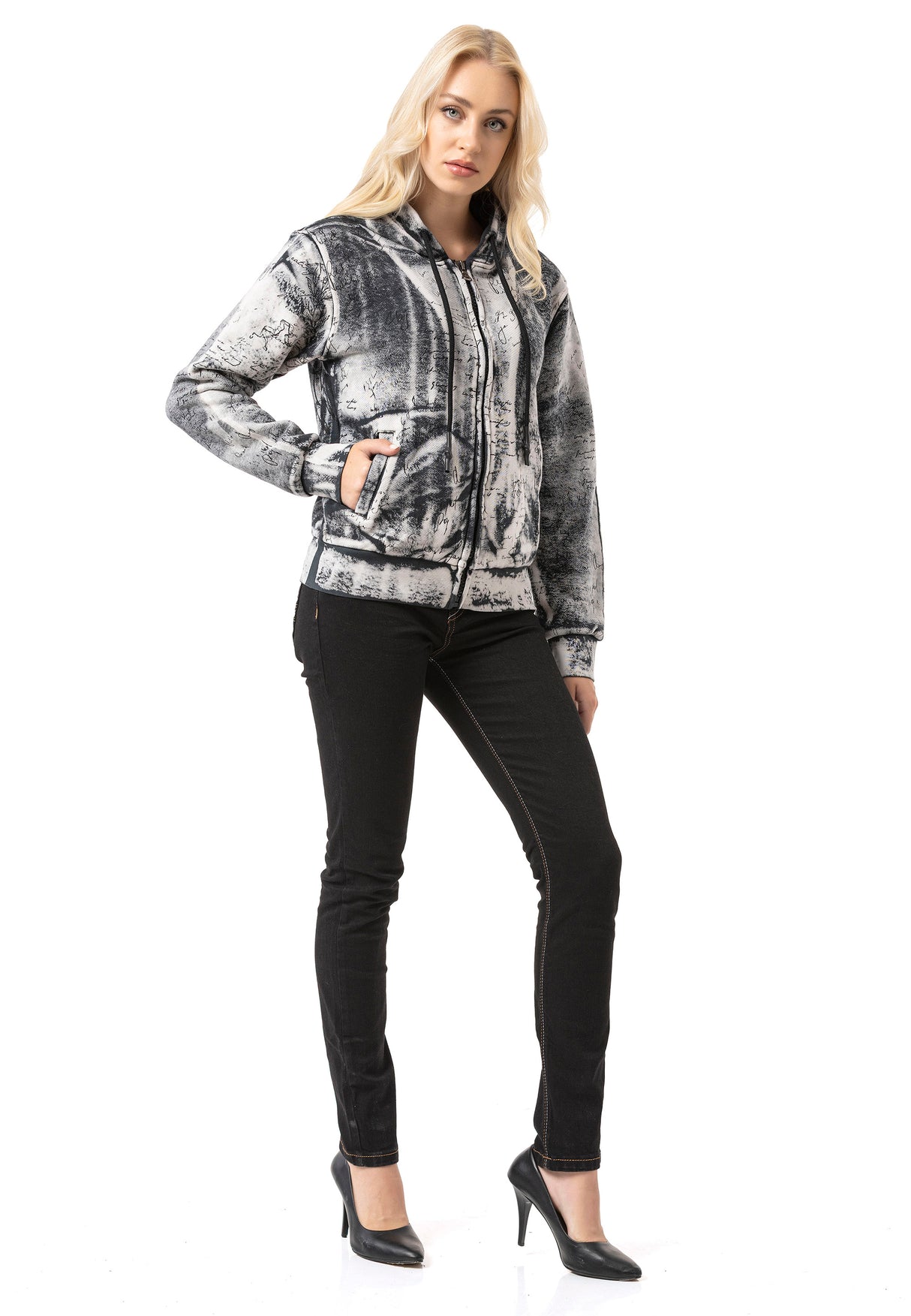 WL379 Sweat à capuche Femme – Zip-Hoodie avec motif tie-dye et impression dos | Streetwear oversize avec poches et cordon de serrage