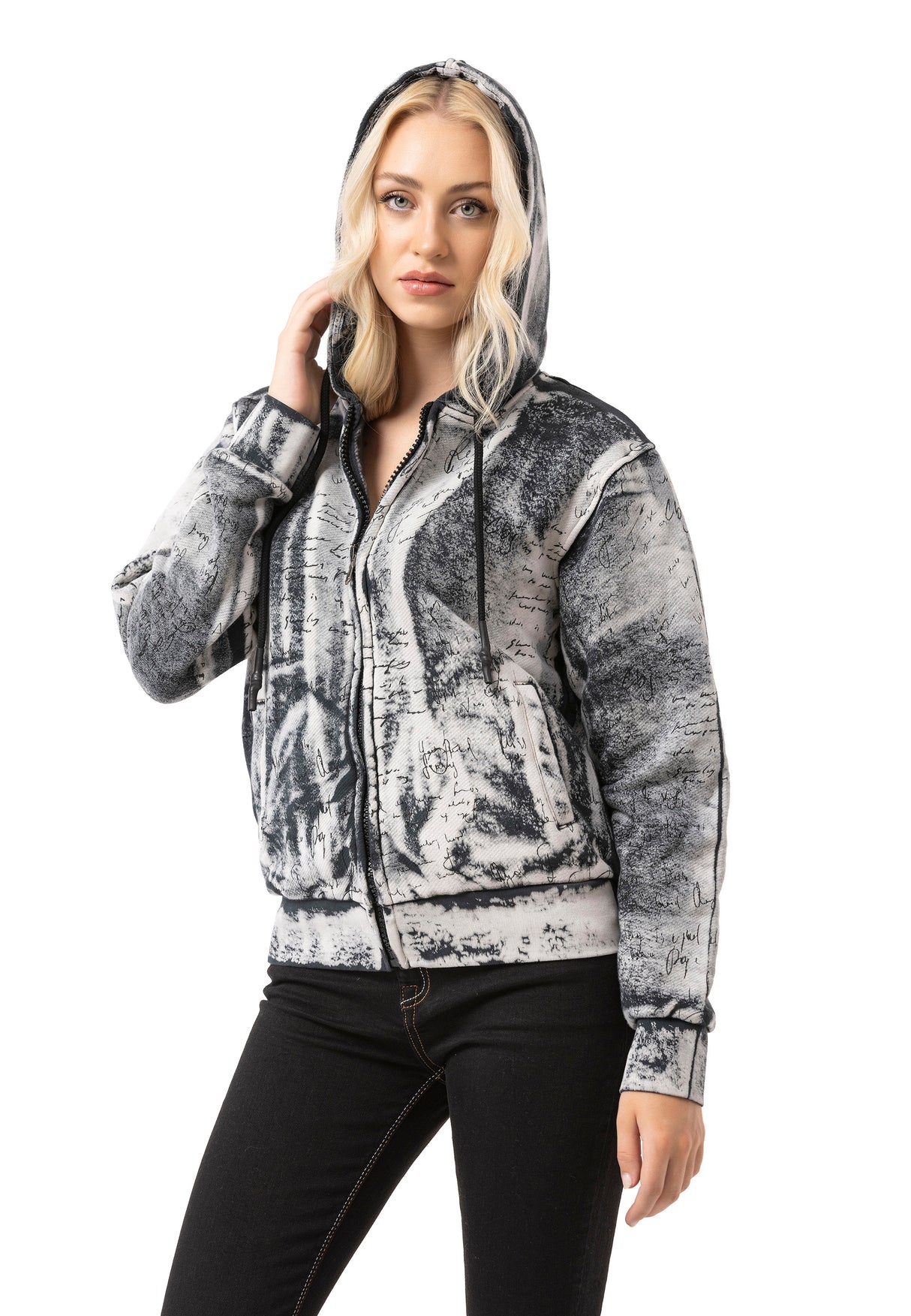 WL379 Sweat à capuche Femme – Zip-Hoodie avec motif tie-dye et impression dos | Streetwear oversize avec poches et cordon de serrage