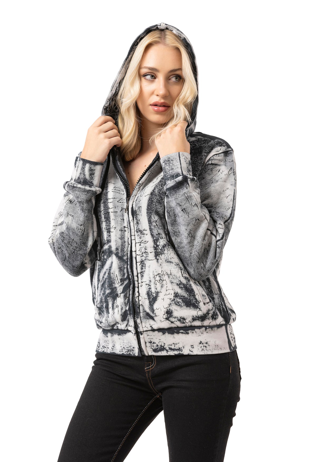 WL379 Sweat à capuche Femme – Zip-Hoodie avec motif tie-dye et impression dos | Streetwear oversize avec poches et cordon de serrage