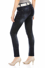 WD469 Mujeres Jeans delgados con puntadas decorativas llamativas