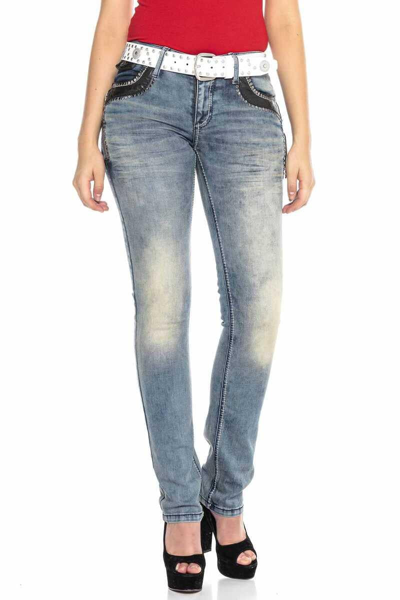 WD421 Damen Slim-Fit-Jeans mit Nieten-Besatz