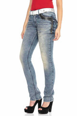 WD421 Damen Slim-Fit-Jeans mit Nieten-Besatz