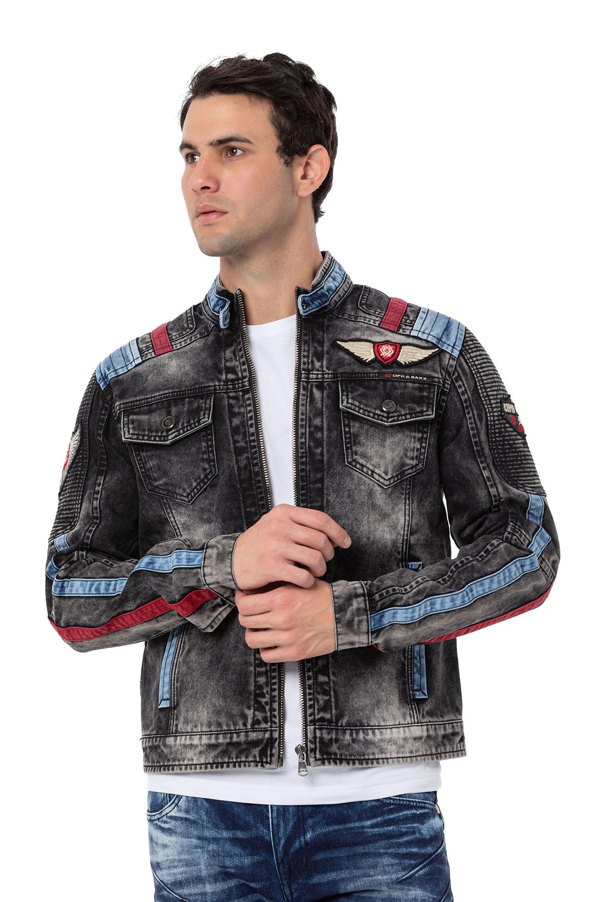 CJ300 Men s Jeans Jacket with Biker Details Cipo and Baxx 114.99