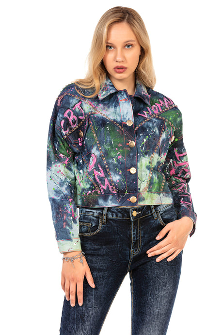 WJ195 women's denim jacket with batik-design nittails