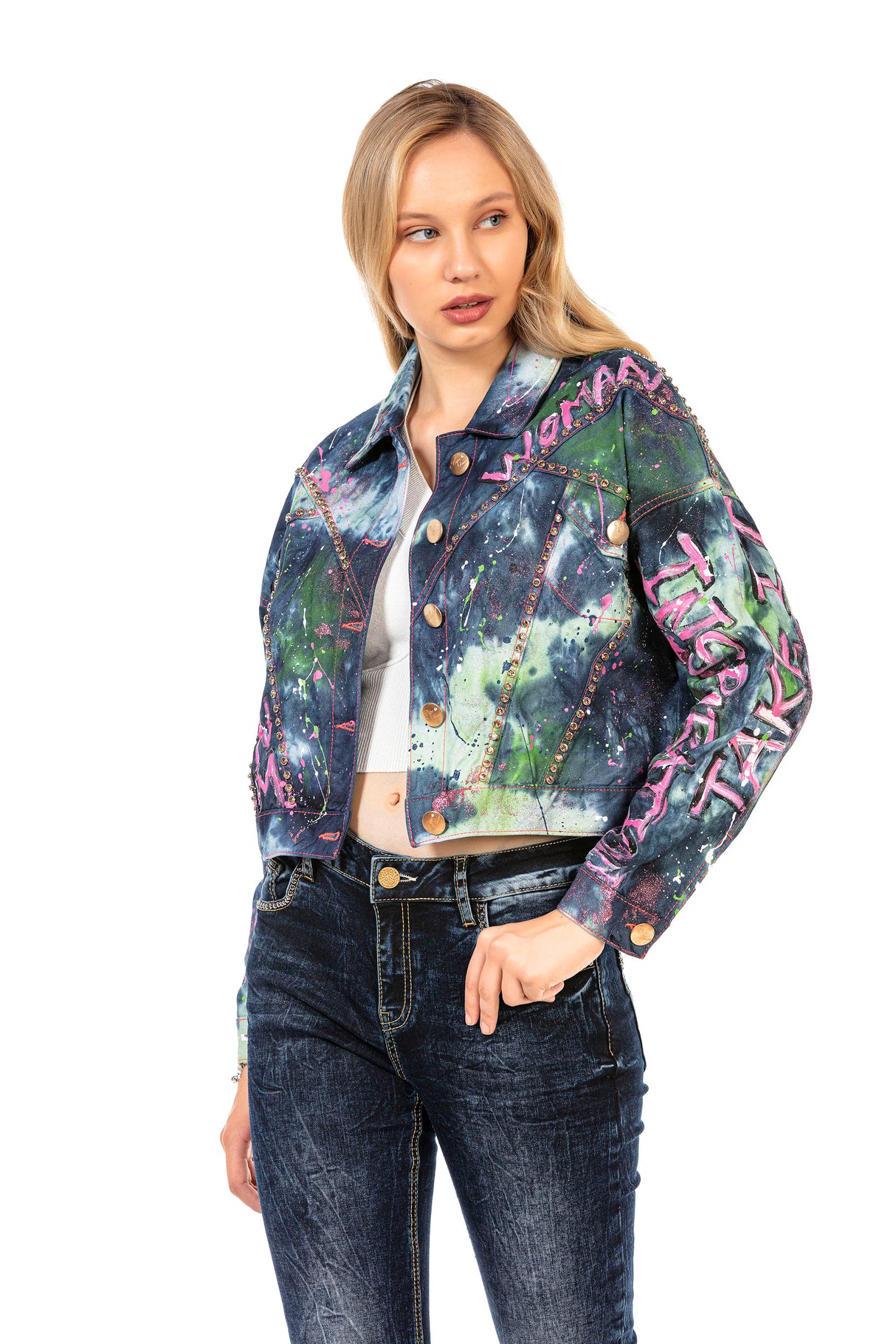 WJ195 women's denim jacket with batik-design nittails