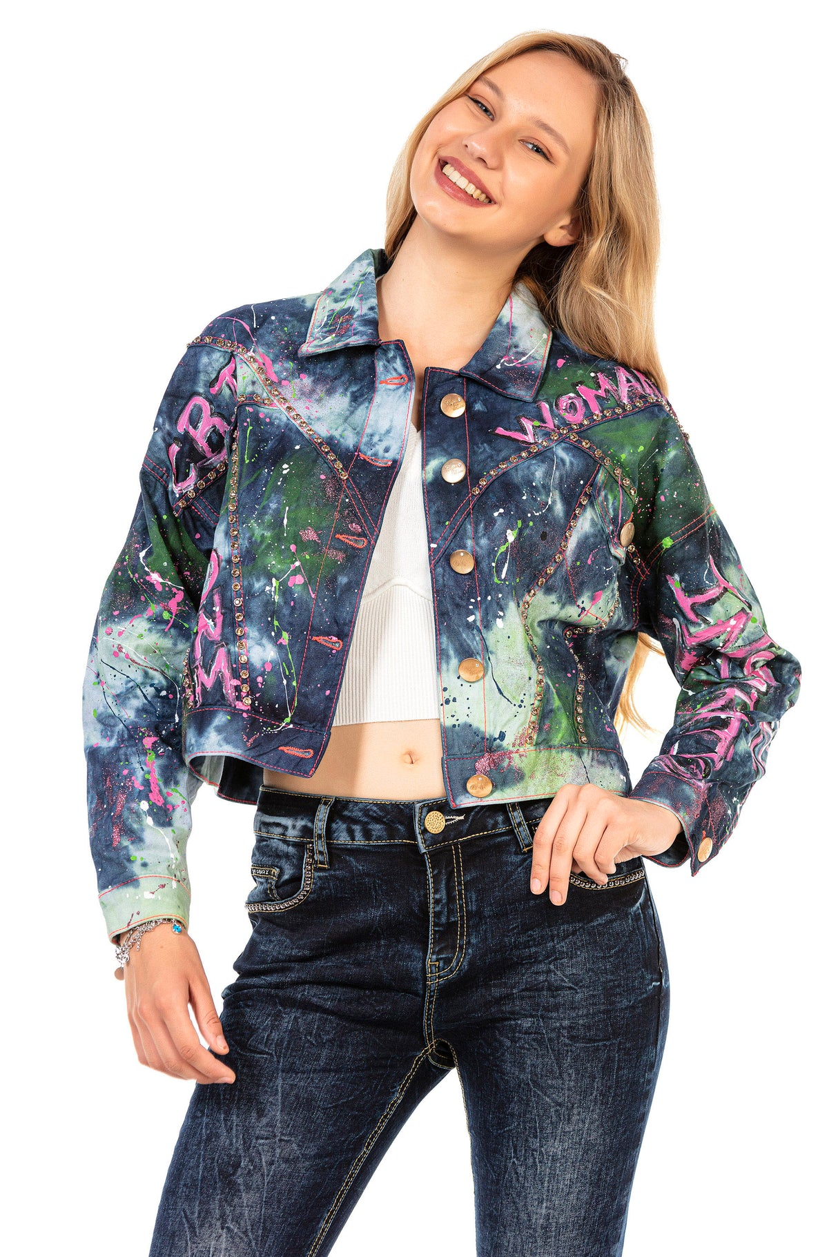 WJ195 women's denim jacket with batik-design nittails