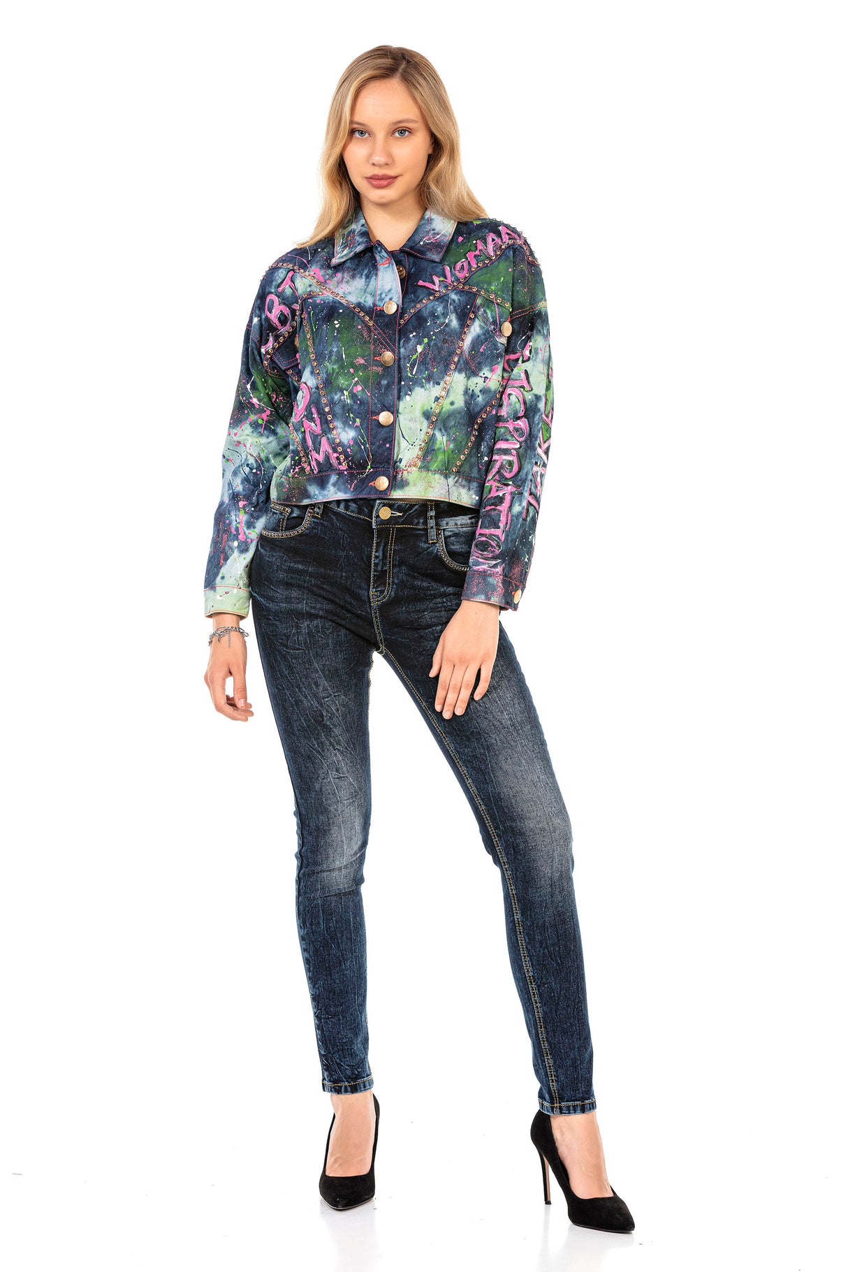 WJ195 women's denim jacket with batik-design nittails