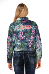 WJ195 women's denim jacket with batik-design nittails