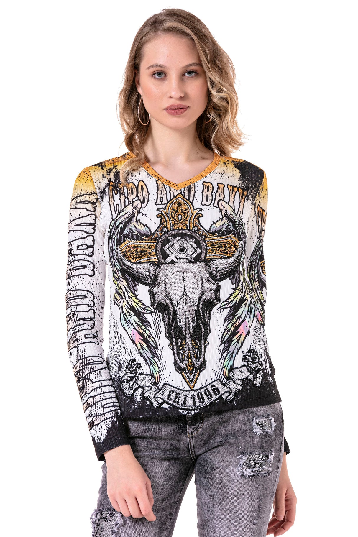 WL292 vrouwen met lange mouwen shirt met coole voor- en achterkant print