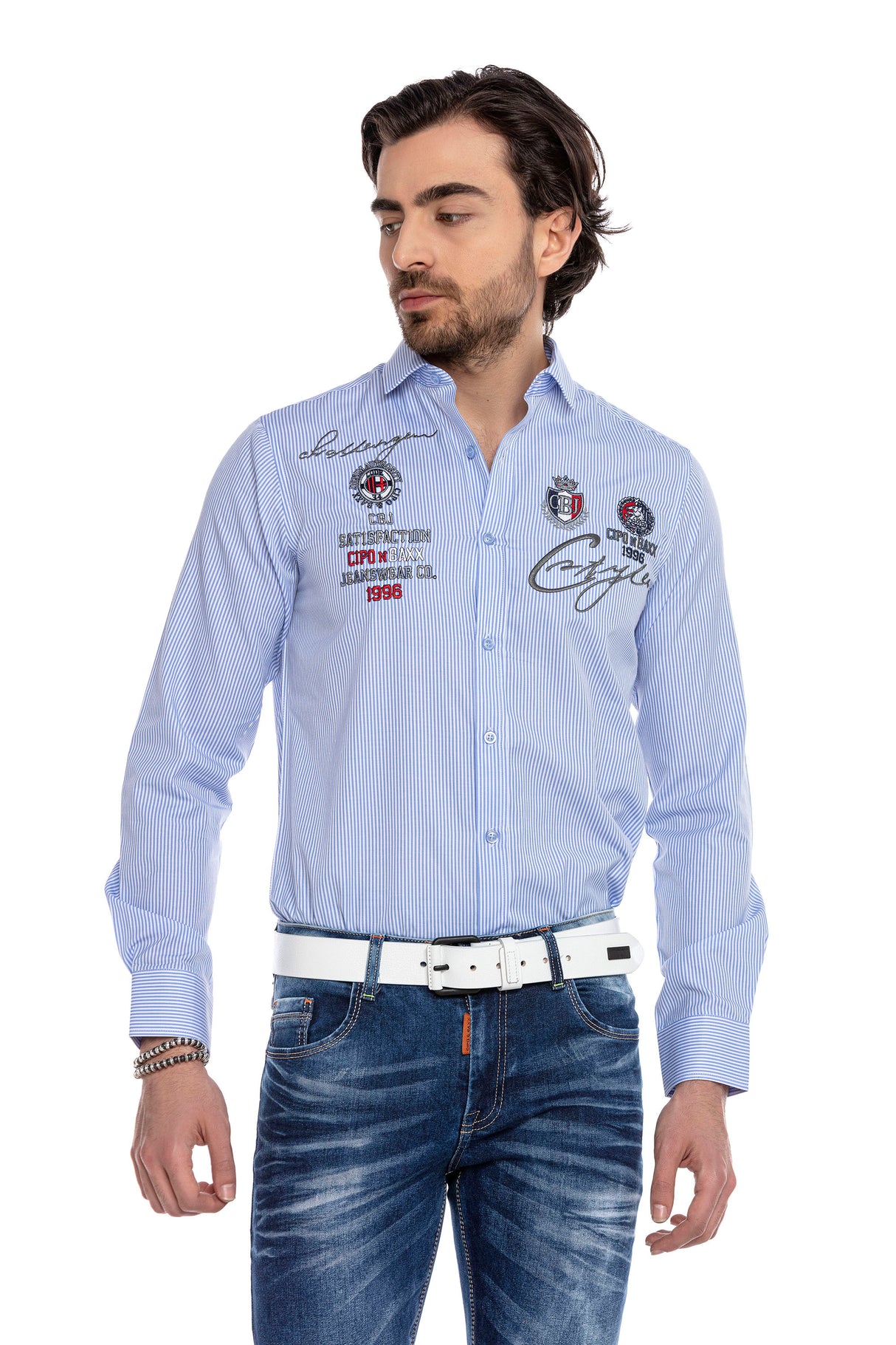 CH184 men's long -sleeved shirt with trendy embroidery