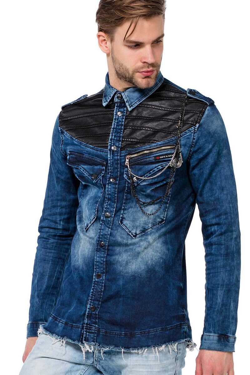 CH137 men's denim shirt with chain detail