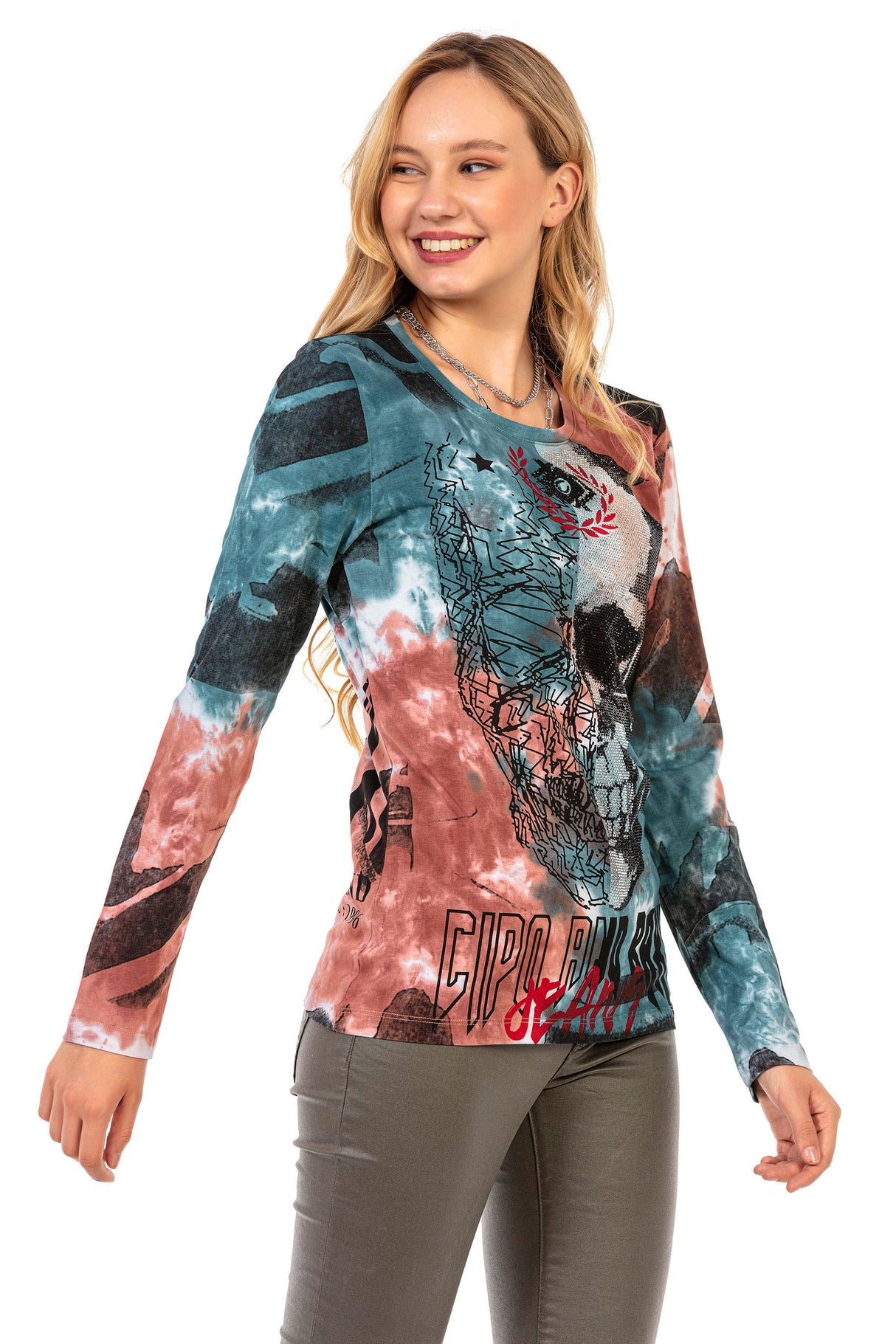 WL283 women long-sleeved shirt with a large skull print