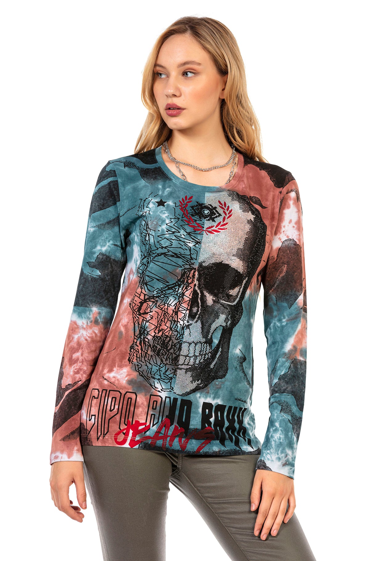 WL283 women long-sleeved shirt with a large skull print