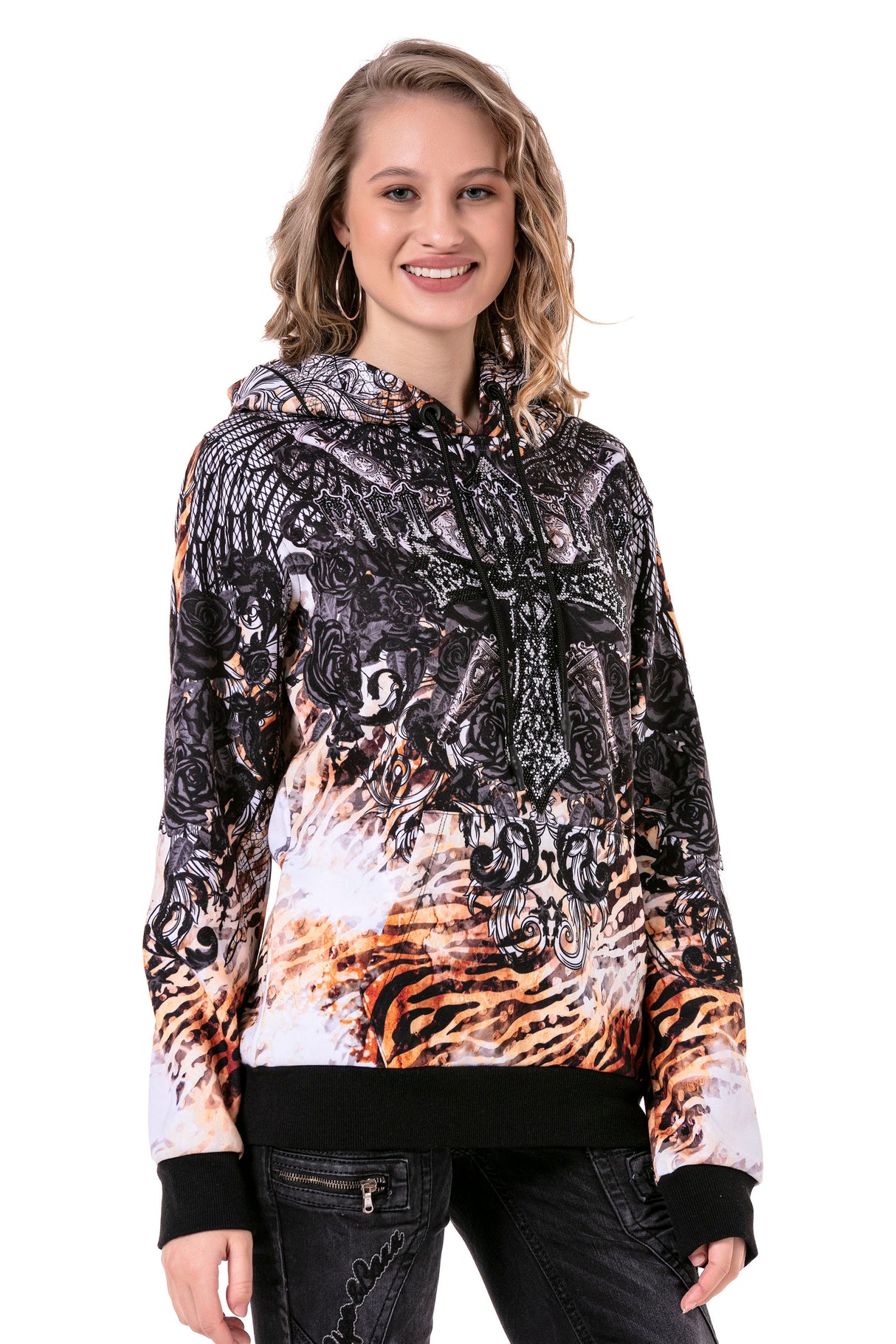 WL303 Felpa donna con cappuccio e stampa all-over