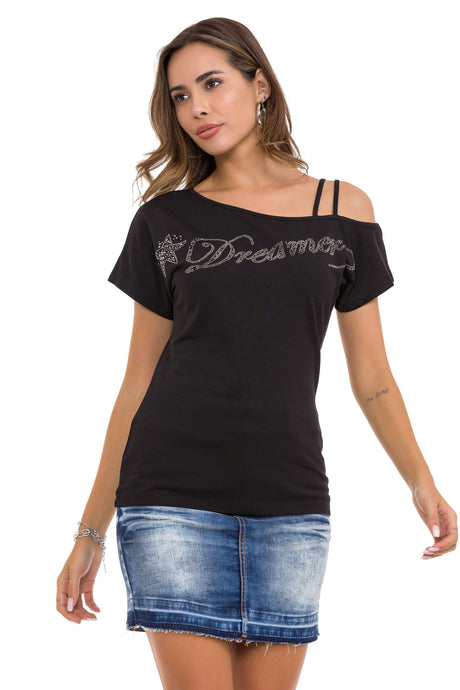 WT360 dames t-shirt glanzend met steendetails