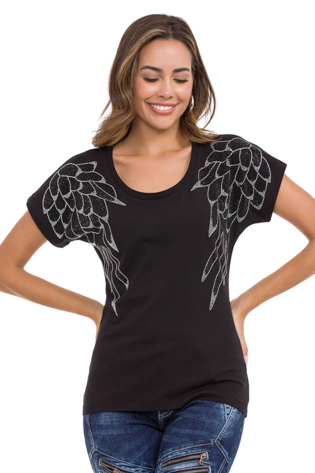 WT359 women T-shirt with stone application wing patterns