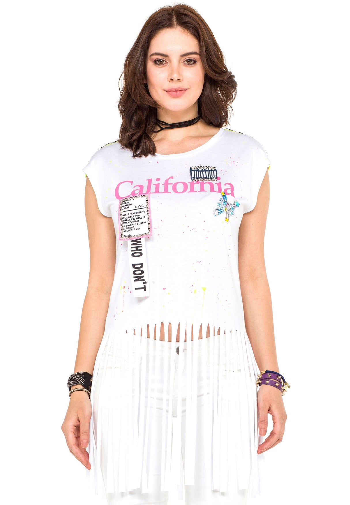 WT256 women's t-shirt with trendy fringes