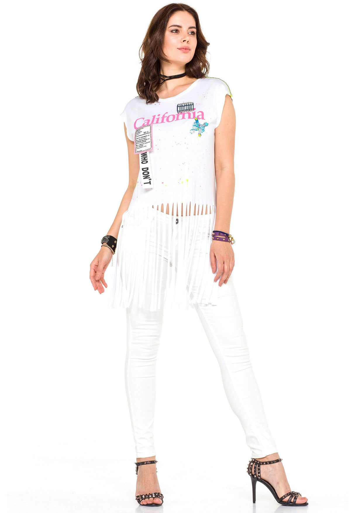 WT256 women's t-shirt with trendy fringes