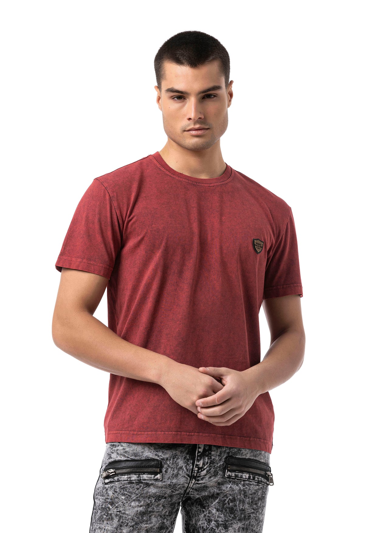 CT808 T-shirt męski Relax Fit ze spraniem i naszywką