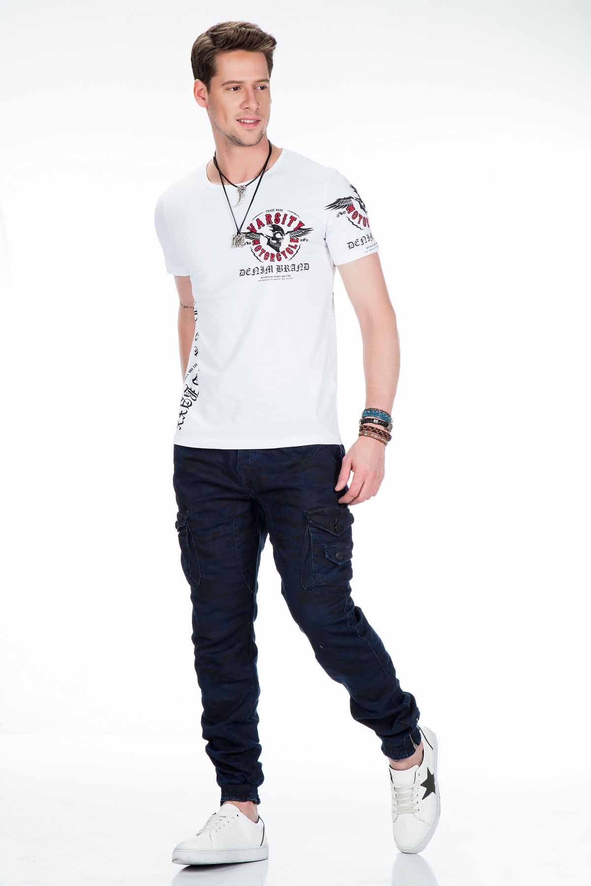 CT375 t-shirt męski w motocyklowym stylu z kamieniami