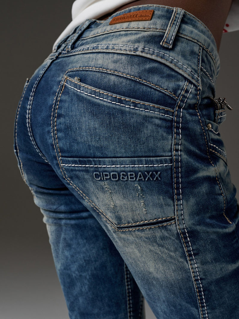 Cipo & Baxx CBW-0347 Women's Denim Jeans Casual Trousers Slim Fit 5-Pocket Design Used Contrast Stitching, Blue Cipo & Baxx CBW-0347 Women's Denim Jeans Casual Trousers Slim Fit 5-Pocket Design Used Contrast Stitching, Blue