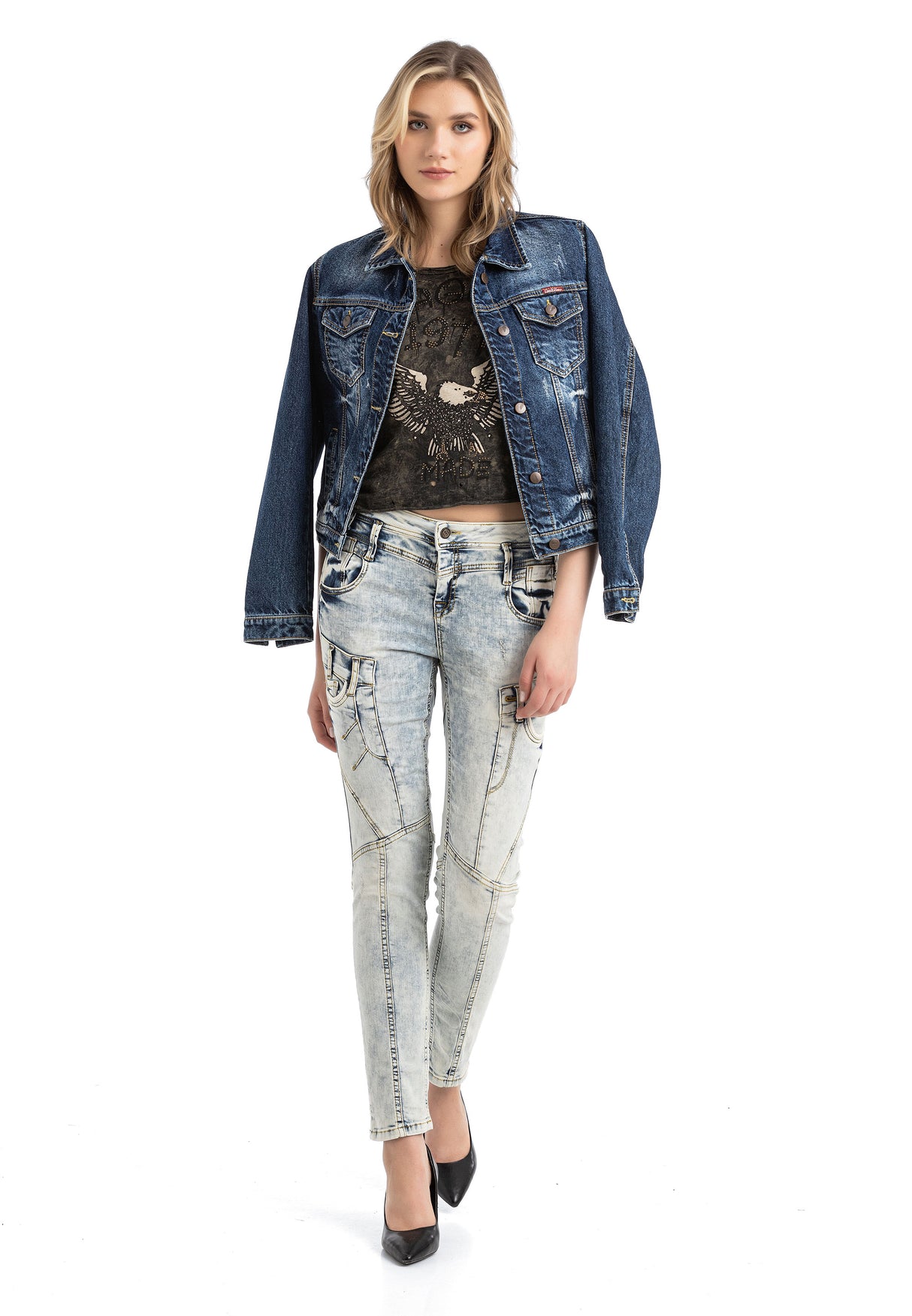 WD216 Jeans confortables femmes dans le lavage à la mode de Slim Fit