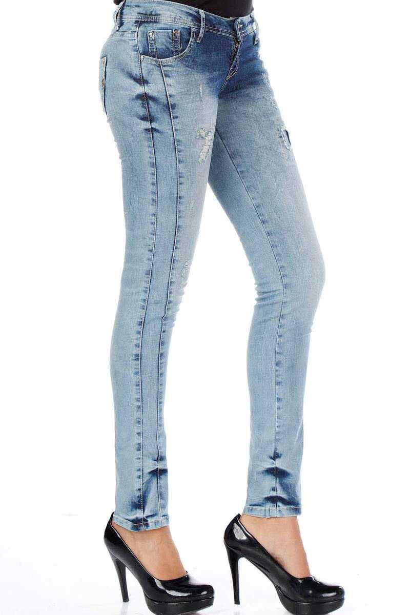 WD226 Mujeres Jeans delgados con efectos usados