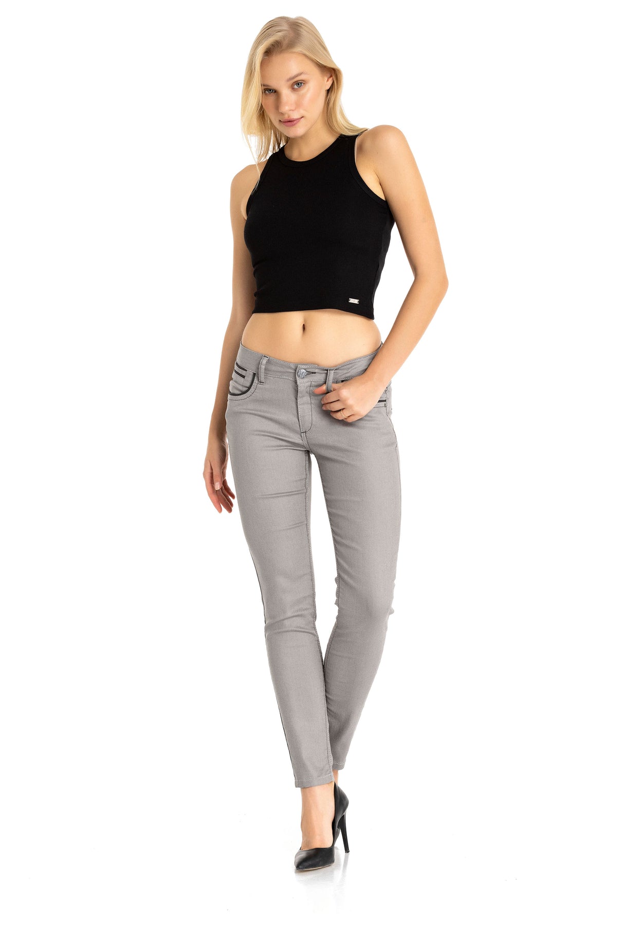 WD256A Jeans femme coupe slim avec poches brodées