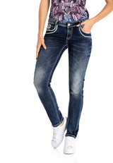 WD259 jeansy damskie z kieszeniami z lamówką 